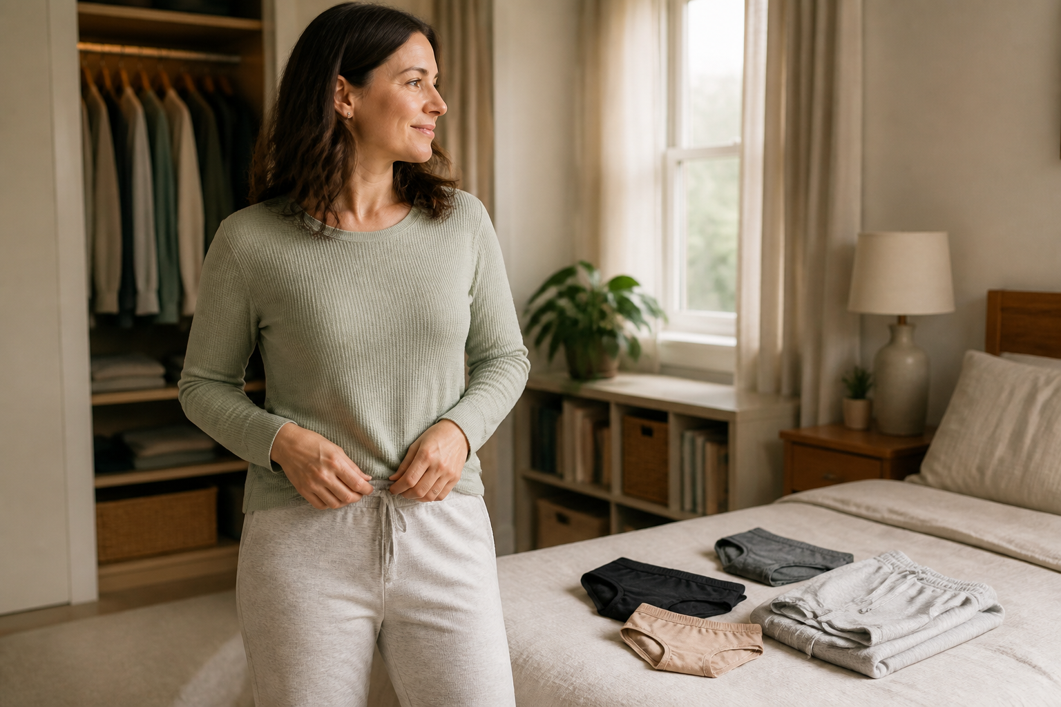 Woman preparing comfortable everyday clothing in a bright bedroom