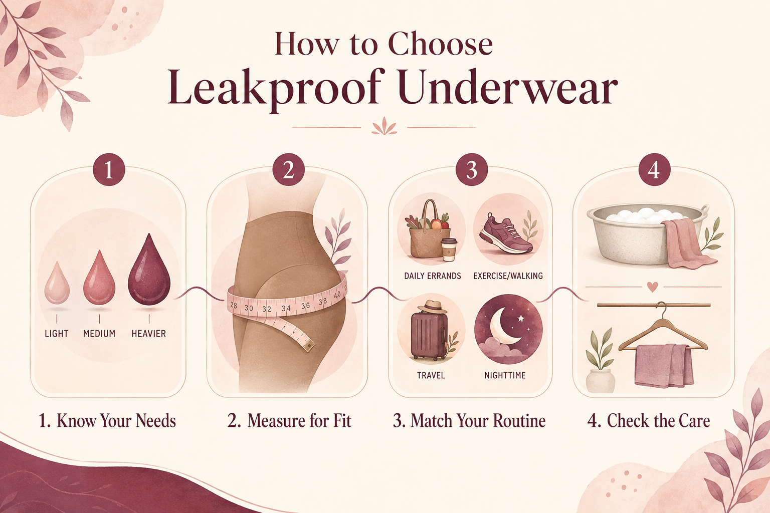 Four-step visual guide to choosing leakproof underwear by needs, fit, routine and care