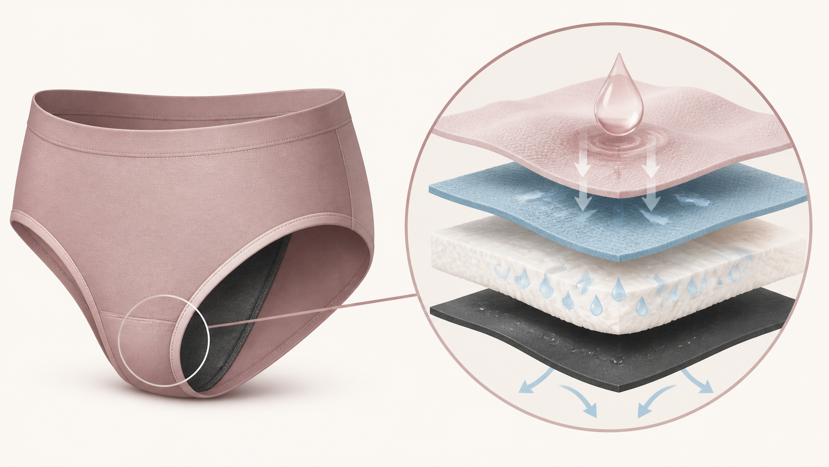 Illustration showing four functional layers inside leakproof underwear