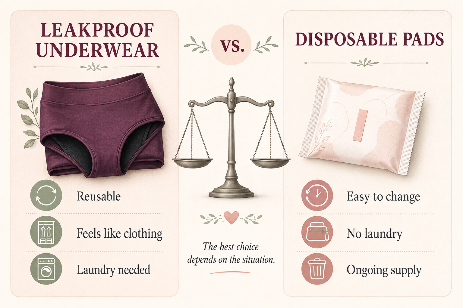 Side-by-side comparison of reusable leakproof underwear and disposable pads